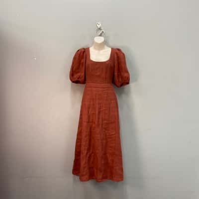 AERE Womens 100% Linen Size 12 Midi Dress - Light Rust