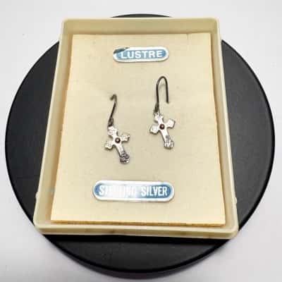 Vtg. Lustre Sterling Silver Crucifix Hook Earrings with Red Stone in original box