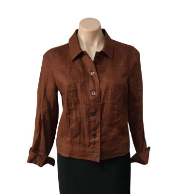 Jacqui-E Womens Size 8 Brown 100% Linen Cropped Button Up Jacket (new)