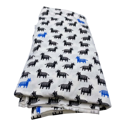 Knitted cotton mix fabric.  112 x 310 cm approx.  Black and blue zebras pattern.