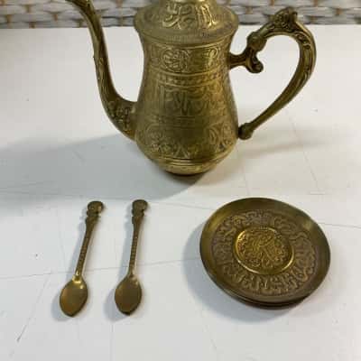 Brass teapot, saucers & spoons