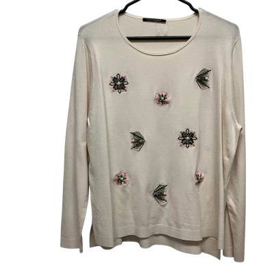 Luisa Cerano Women'  Size 16 Pullover Cream / Green  & Pink  Embroidery