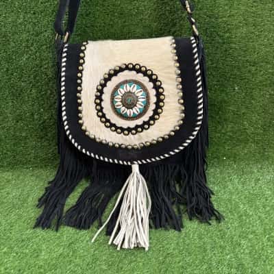 Bohemian Black & White Leather Crossbody Bag Featuring Fringe & Cowrie Shells