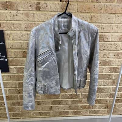  Womens metallic silver leather moto jacket from the French brand ébène Size 2 