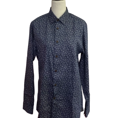 Ted Baker Mens  Size 3 Long Sleeve Shirt / Printed Shirt Navy Blue / White 