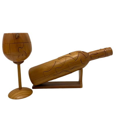 Wooden Wine Bottle & Glass Puzzle Set