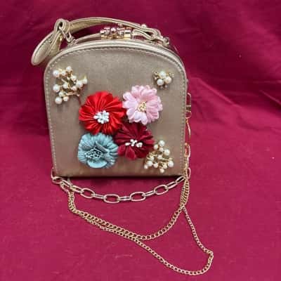 Women's Gold Coloured Handbag Decorated with Flowers & Pearls featuring Chain Strap