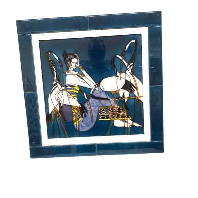 Glossy Ceramic Tiles Artwork - Japanese Woman with Cranes - Handmade