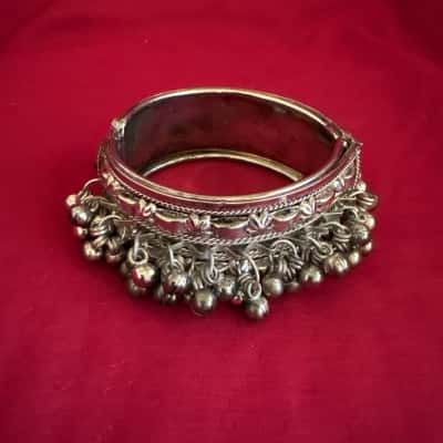  Women's Indian Style Oxidised Silver-Plated Ghungroo Hinged Cuff Bangle 
