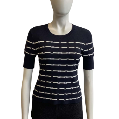 Perri Cutten Women's Size S Short Sleeve Top Navy Blue & White Pattern  