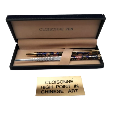 Vintage Cloisonne High Point Ball Pen with Letter Opener, Colour Blue with Flowers & Leaves, with box.