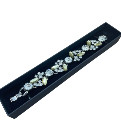 Vintage 1940s Bracelet Silver Tone with Pale Green and Clear Rhinestones 