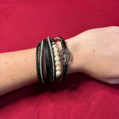  Women's Black Multi-Strand Leather & Crystal Charm Bracelet with Tree of Life Charm