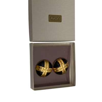 Vintage Avon Black Gold Tone Round Clip On Earrings