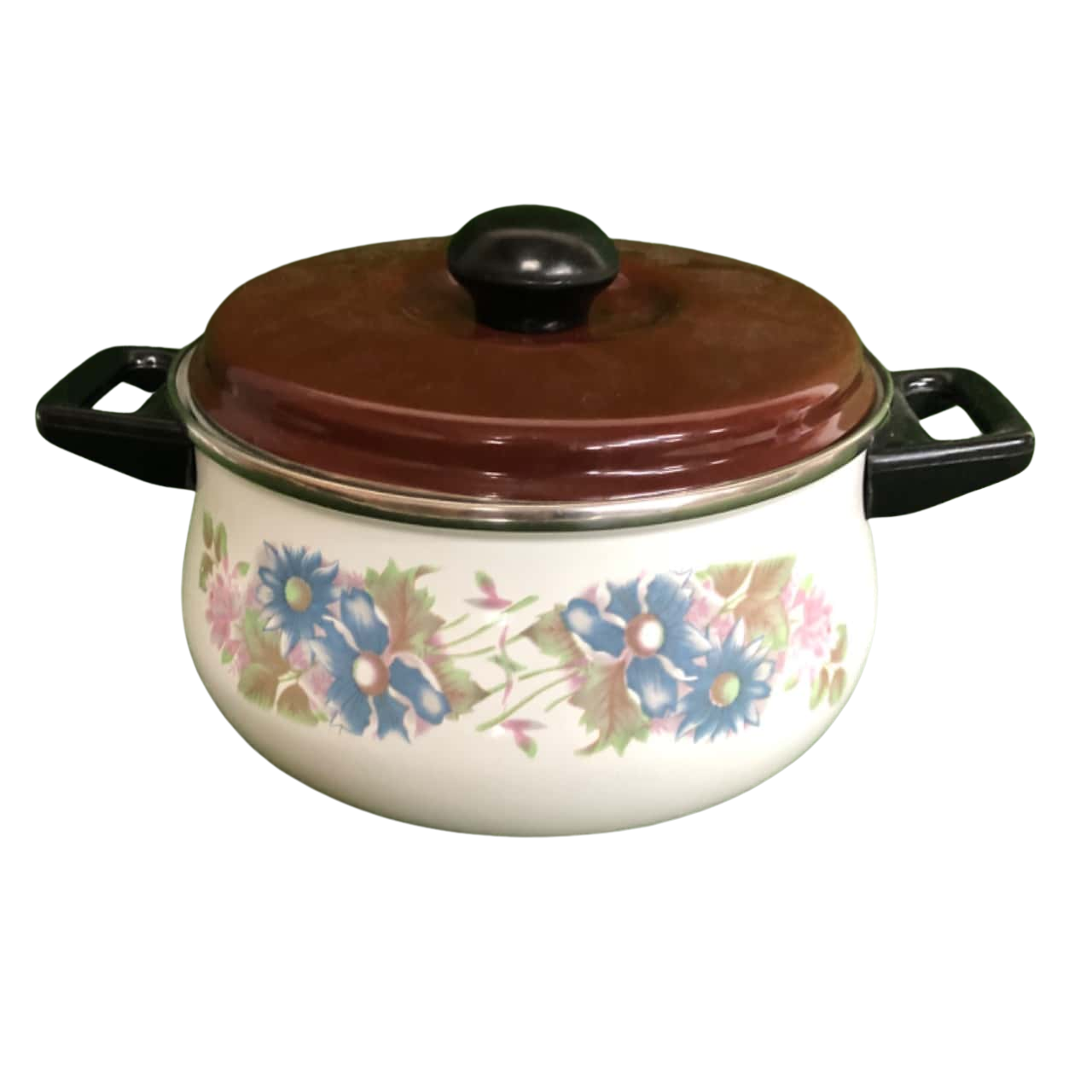 Vintage Style Enamel Ware Cooking Pot With Flower Design & Brown Lid