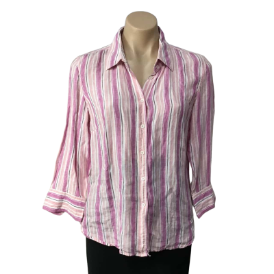 Sportscraft Womens Size 12 White / Pink /Purple Striped Linen 3/4 Sleeve Shirt