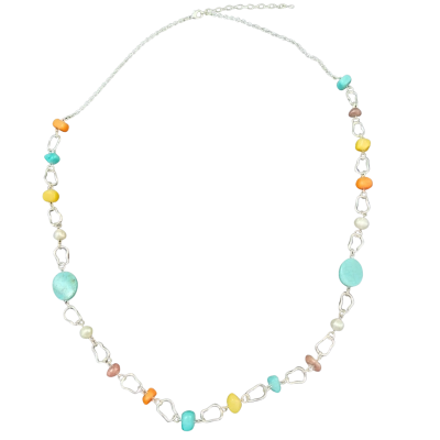 Silver-tone Necklace with Orange / Turquoise / Yellow Beads 