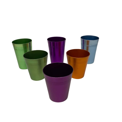 Vintage Multi Colour Adonised Metal Cups Set Of 6 With Case