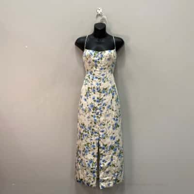 Kookai Womens  Size 10 (40) Sateen Midi Dress Blue / Floral / Off White 