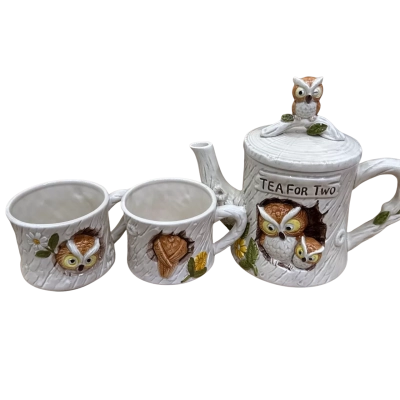 Owl Tea for Two Vintage Tea Pot and Cups Collectable Display