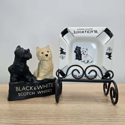 Vintage Black & White Scotch Whisky Advertising Set – Terrier Dog Display Figure & Ceramic Ashtray