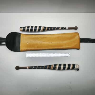 Vintage Wooden Juggling Clubs Striped Indian Exercise Pins Leather Carrying Sheath