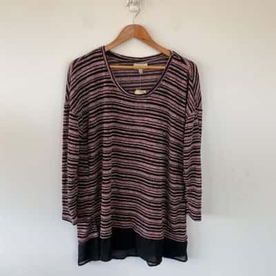 Autograph Ornamental Bloom Stripe Crinkle Pink Black Stripe Monotone Long Sleeve Top Size 16