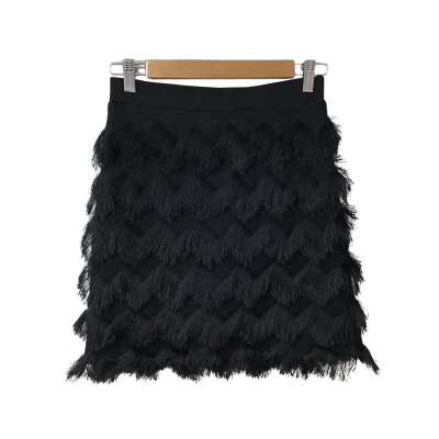 Zara Womens Size S Black Fringed Elastic Waist Mini Skirt 