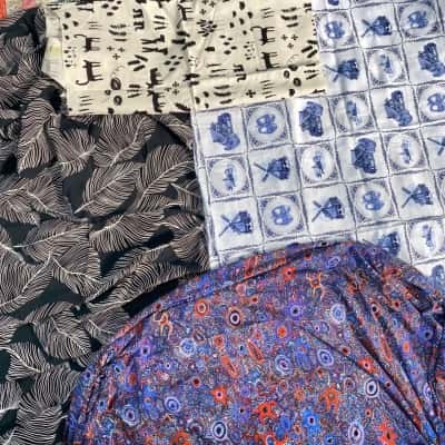 Black Leaf Pattern (210cm x 110cm) And 2x Blue Pattern(140cm x 100cm) And Natural Cat Pattern (40cm x 55cm) And Blue Red Colourful Pattern (140cm x 105cm) Fabric
