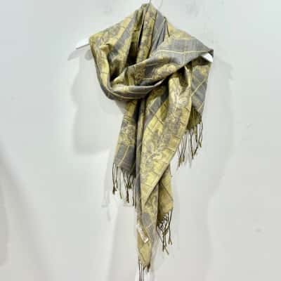 Pashmina & Silk Gold /Grey Tassel Scarf 