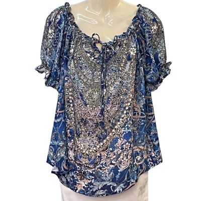 Liz Jordan Womens Size 10 Short Sleeve Top Blue /Multicoloured/Pattern