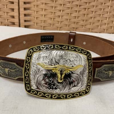 NWT RRP $129.90 Danny by Great American Co Men’s Western Style Brown Leather Belt and  Gold Ornate Longhorn Buckle Rodeo Dad Present Wedding Saddle Cowboy 