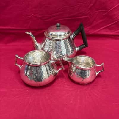 Vintage Hammered Silver Plated Three Piece Tea Set - Teapot, Milk Jug & Sugar Bowl