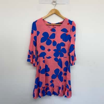 Mister Zimi Blue Pink Floral Elbow Sleeve Mini Dress  Size 10 