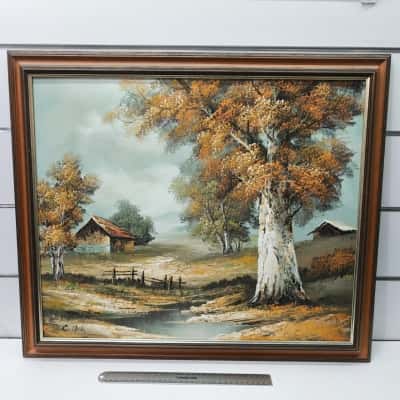 Vintage Signed C. Hunt Rustic Cabin Landscape Oil Painting – Framed Mid-Century Country Scene