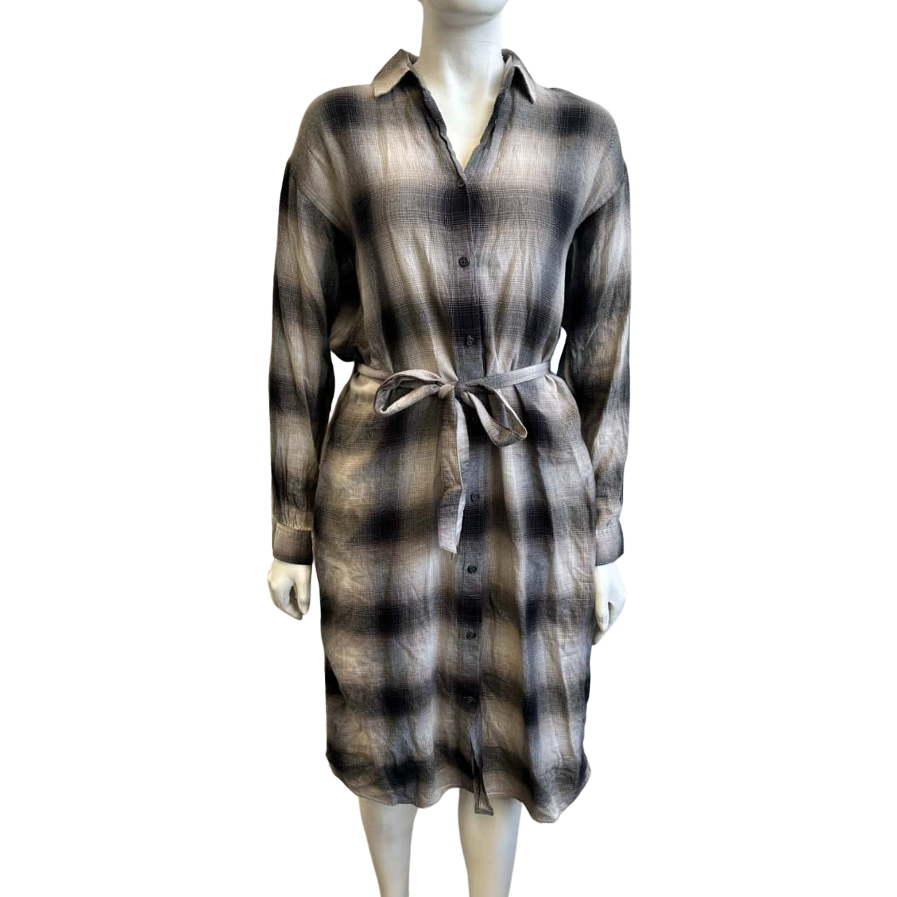 Uniqlo Women's Size S Long Sleeve Midi Shirt Dress Grey Checked