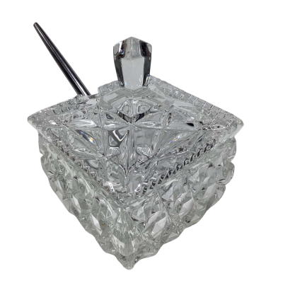 Vintage square lead crystal condiment Serving Jar Quilt pattern