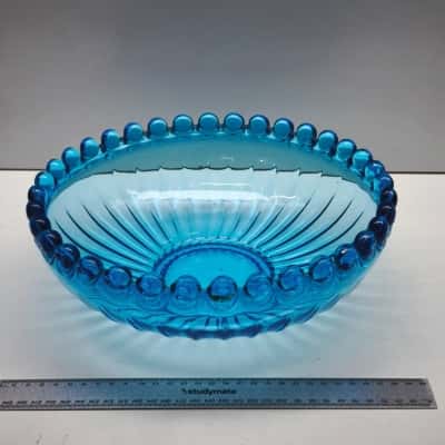 Vintage Blue Glass Bowl Beaded Booped Edge Ribbed Fruit Dish Centerpiece