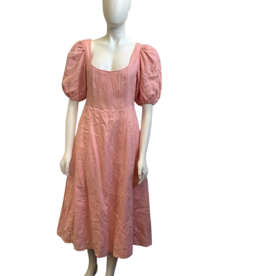 AERE Womens  Size 10 Puff Sleeve Linen Midi Dress Pink 