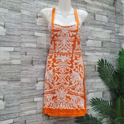  Womens Midi Dress Orange / White 