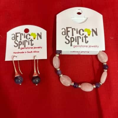 Women's African Spirit Roshell Design Amethyst & Rose Quartz Stretch Bracelet with Matching Earrings