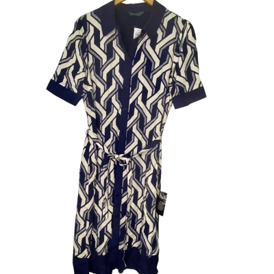 Jacqui-E Womens  Size 12 Midi Dress Beige / Navy Blue / Pattern 