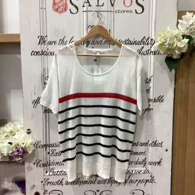 Meredith Brand! BNWT RRP $139.00! 82% LINEN STRIPED SHORT SLEEVE SHIRT! Womens  Size S Short Sleeve Top Black  / Cream / Pattern / Red / Striped 