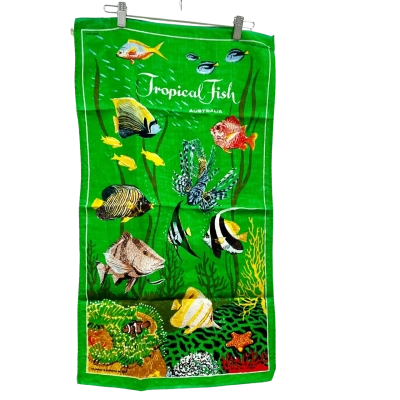Vintage  LINEN Tea towels- Rules of the Kitchen &  Tropical Fish Design 