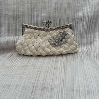 Classy & Elegant Cream Sateen Basket Weave Design / Clip Top /Evening Bag with Gorgeous Diamante Leaf Detail 