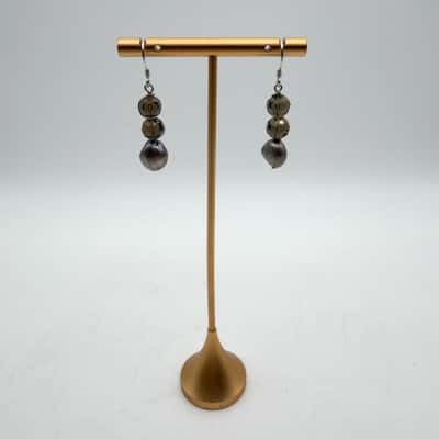 925  Grey Iridescent Freshwater Pearl & Brown Beads Drop Earrings 