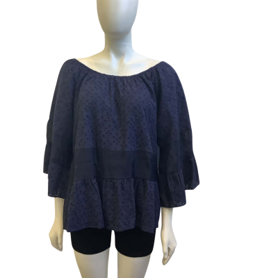 Brand New Liz Jordan Womens  Size 14 Tiered Broderie Top Navy