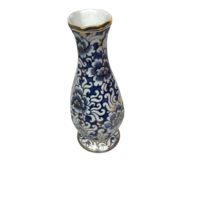 Gold Gilt, Blue & White Floral Tall Vase - VINTAGE