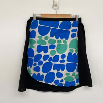 Flying Fox Handprinted In Australia Authentic Aboriginal Designs Black Blue Wrap Mini Skirt Size M