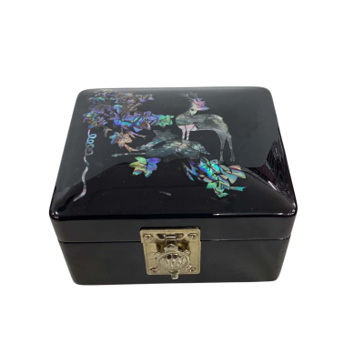 Vintage Black Jewellery Box with Deer Shell Inlay and Turtle Clasp 